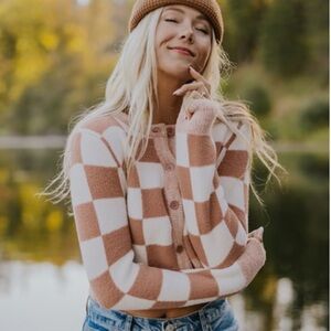 ROOLEE Neon Dream Checkered Cropped Cardigan Sweater in Salmon Sz M